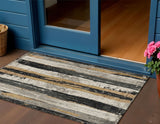 3' X 5' Taupe And Gold Striped Washable Indoor Outdoor Area Rug