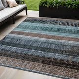 5' X 8' Teal Blue And Brown Striped Washable Indoor Outdoor Area Rug