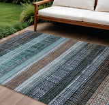 8' X 10' Teal Blue And Brown Striped Washable Indoor Outdoor Area Rug