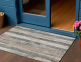 3' X 5' Beige And Gray Striped Washable Indoor Outdoor Area Rug