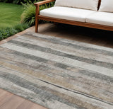 8' X 10' Beige And Gray Striped Washable Indoor Outdoor Area Rug