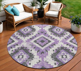 8' Purple And Gray Round Aztec Washable Indoor Outdoor Area Rug