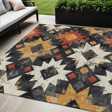 5' X 8' Black Gold And Rust Aztec Washable Indoor Outdoor Area Rug
