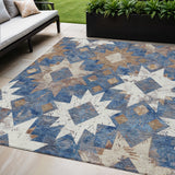 5' X 8' Blue Brown And Ivory Aztec Washable Indoor Outdoor Area Rug