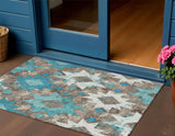 3' X 5' Teal Blue Brown And Ivory Aztec Washable Indoor Outdoor Area Rug