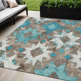 5' X 8' Teal Blue Brown And Ivory Aztec Washable Indoor Outdoor Area Rug