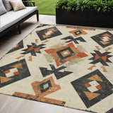 5' X 8' Ivory Orange And Charcoal Aztec Washable Indoor Outdoor Area Rug