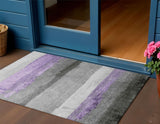 3' X 5' Lavender And Gray Striped Washable Indoor Outdoor Area Rug
