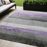5' X 8' Lavender And Gray Striped Washable Indoor Outdoor Area Rug