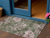 3' X 5' Olive Green And Blush Floral Washable Indoor Outdoor Area Rug