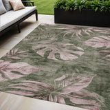 5' X 8' Olive Green And Blush Floral Washable Indoor Outdoor Area Rug