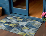 3' X 5' Navy Blue And Yellow Geometric Washable Indoor Outdoor Area Rug