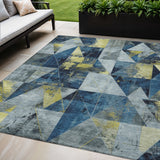 5' X 8' Navy Blue And Yellow Geometric Washable Indoor Outdoor Area Rug