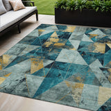 5' X 8' Teal Blue And Gold Geometric Washable Indoor Outdoor Area Rug