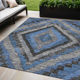 5' X 8' Blue And Gray Aztec Washable Indoor Outdoor Area Rug