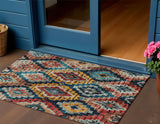 3' X 5' Rust And Blue Aztec Washable Indoor Outdoor Area Rug