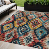 5' X 8' Rust And Blue Aztec Washable Indoor Outdoor Area Rug