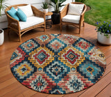 8' Rust And Blue Round Aztec Washable Indoor Outdoor Area Rug