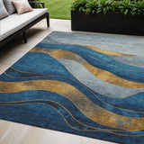 5' X 8' Blue And Gold Abstract Washable Indoor Outdoor Area Rug