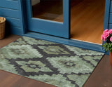 3' X 5' Artichoke Green And Charcoal Aztec Washable Indoor Outdoor Area Rug