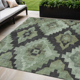 5' X 8' Artichoke Green And Charcoal Aztec Washable Indoor Outdoor Area Rug