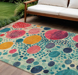 8' X 10' Teal Blue Pink And Orange Geometric Washable Indoor Outdoor Area Rug