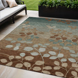 5' X 8' Brown And Teal Blue Floral Washable Indoor Outdoor Area Rug