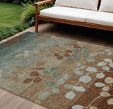 8' X 10' Brown And Teal Blue Floral Washable Indoor Outdoor Area Rug