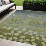 5' X 8' Olive Green And Gray Floral Washable Indoor Outdoor Area Rug