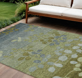 8' X 10' Olive Green And Gray Floral Washable Indoor Outdoor Area Rug
