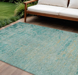 8' X 10' Teal Blue And Wheat Abstract Washable Indoor Outdoor Area Rug