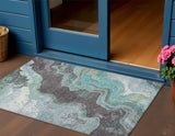 3' X 5' Teal Blue And Charcoal Abstract Washable Indoor Outdoor Area Rug