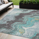5' X 8' Teal Blue And Charcoal Abstract Washable Indoor Outdoor Area Rug