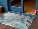 3' X 5' Teal Blue And Charcoal Abstract Washable Indoor Outdoor Area Rug