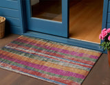 3' X 5' Beige Orange And Fern Green Striped Washable Indoor Outdoor Area Rug
