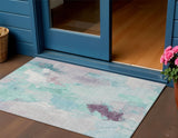 3' X 5' Teal Blue And Lavender Abstract Washable Indoor Outdoor Area Rug