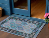 3' X 5' Teal Blue Charcoal And Copper Tribal Washable Indoor Outdoor Area Rug