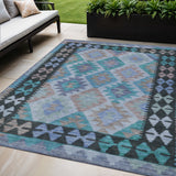 5' X 8' Teal Blue Charcoal And Copper Tribal Washable Indoor Outdoor Area Rug