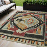 5' X 8' Red Gold And Gray Tribal Washable Indoor Outdoor Area Rug