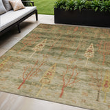 5' X 8' Artichoke Green And Rust Floral Washable Indoor Outdoor Area Rug