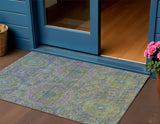 3' X 5' Blue And Green Medallion Washable Indoor Outdoor Area Rug