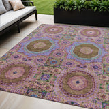 5' X 8' Pink And Teal Blue Medallion Washable Indoor Outdoor Area Rug