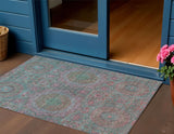 3' X 5' Teal Blue And Blush Medallion Washable Indoor Outdoor Area Rug