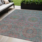 5' X 8' Teal Blue And Blush Medallion Washable Indoor Outdoor Area Rug