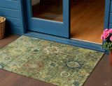 3' X 5' Artichoke Green Rust And Gold Floral Medallion Washable Indoor Outdoor Area Rug