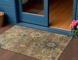 3' X 5' Brown Beige And Navy Blue Floral Medallion Washable Indoor Outdoor Area Rug