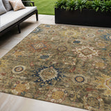 5' X 8' Brown Beige And Navy Blue Floral Medallion Washable Indoor Outdoor Area Rug