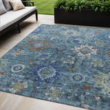 5' X 8' Blue Rust And Gray Floral Medallion Washable Indoor Outdoor Area Rug