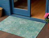 3' X 5' Teal Blue Copper And Ivory Floral Medallion Washable Indoor Outdoor Area Rug
