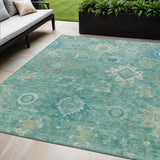 5' X 8' Teal Blue Copper And Ivory Floral Medallion Washable Indoor Outdoor Area Rug